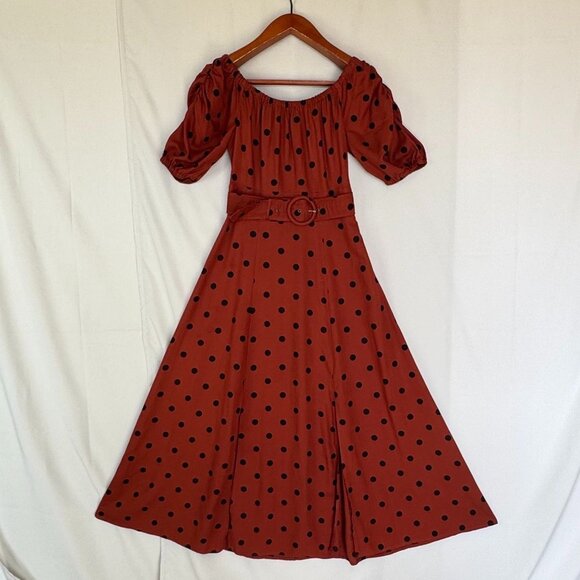 Anthropologie Maeve Lucienne Off-The-Shoulder Brown Polka Dot Maxi Dress Size 6 - Picture 2 of 16